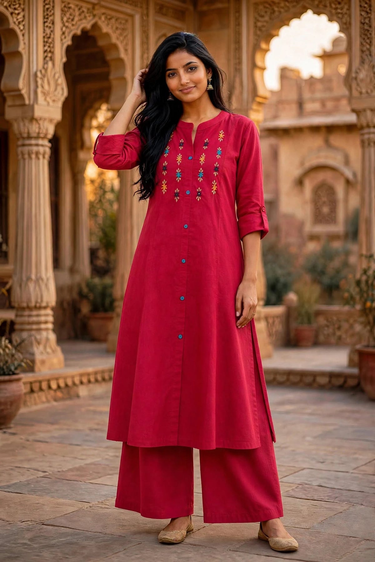 Maroon Embroidered Cotton Kurta Palazzo Set for Women ATL111