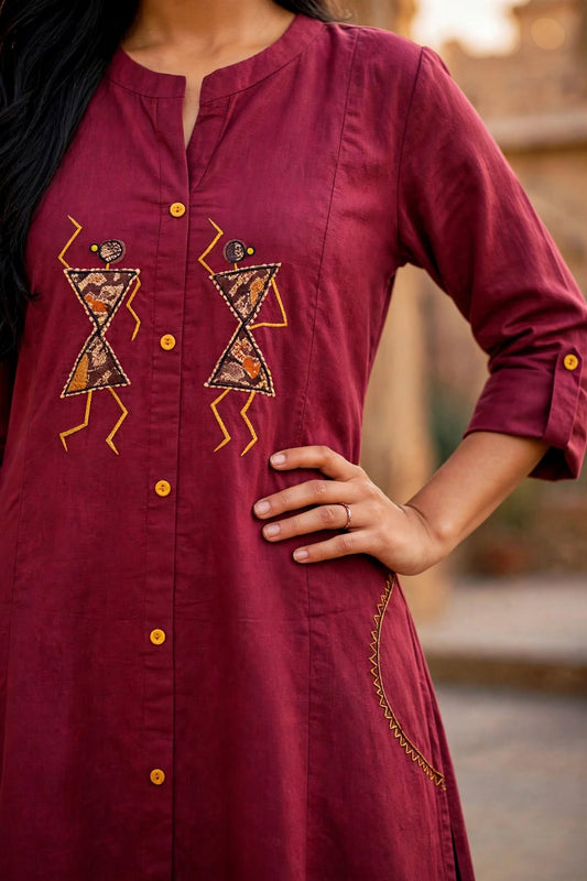 Warli Embroidered Maroon Cotton Kurta Palazzo Set for Women ATL113