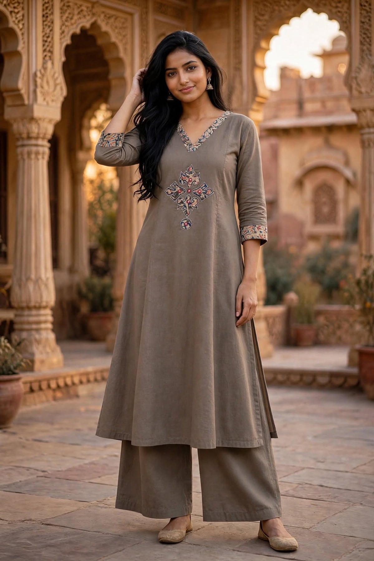 Taupe Grey Cotton Kurta Palazzo Set | Kalamkari Work ATL114