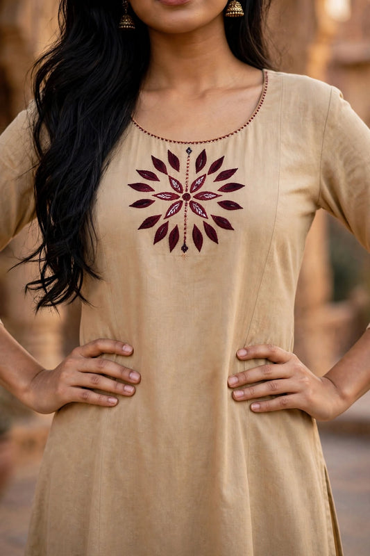 Beige Mirror Work Cotton Kurta Palazzo Set ATL112