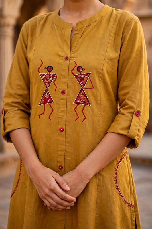 Warli Embroidered Olive Cotton Kurta Palazzo Set for Women ATL113