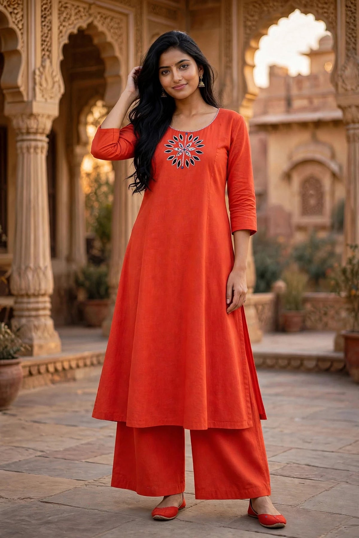 Rust Orange Mirror Work Cotton Kurta Palazzo Set ATL112