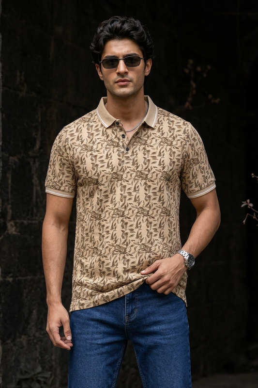 Men Cream Leaf Print Polo T-Shirt