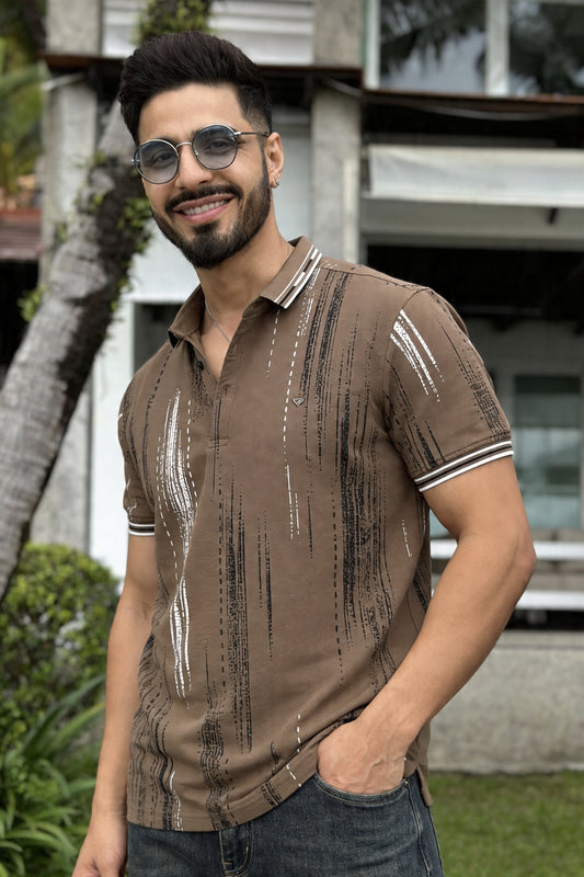 Men Printed Collared Polo T-Shirt in Earthy Olive