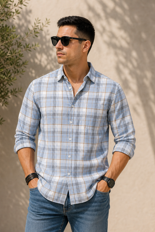 Men Grey Plaid Button-Down Shirt | Classic Long Sleeve Casual Shirt
