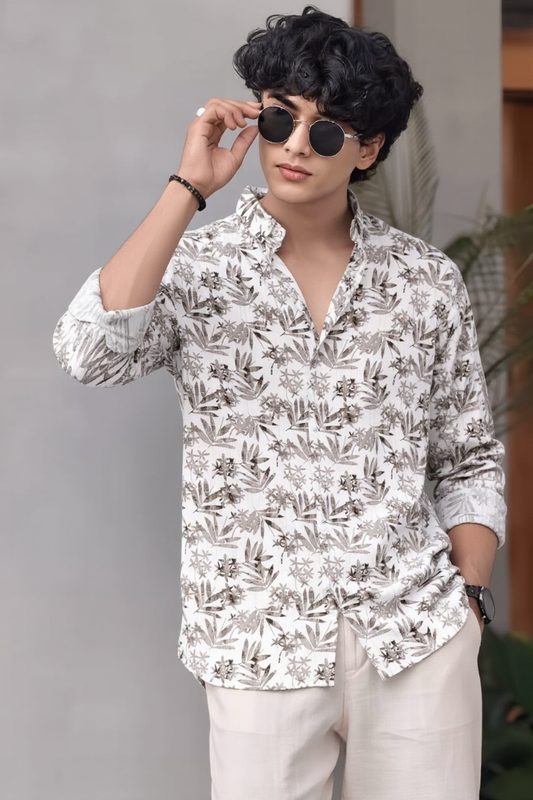 Men Beige Leaf Print Shirt | Long Sleeve Casual Zero