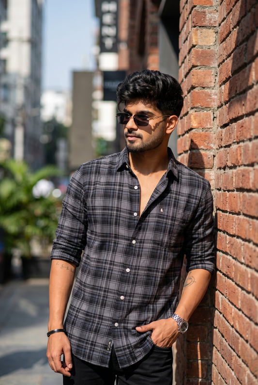 Men Dark Grey & Black Checked Shirt – Slim Fit Cotton WON