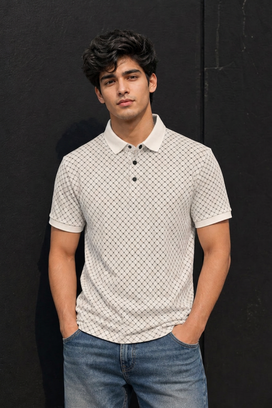 Men White Geometric Print Polo T-Shirt