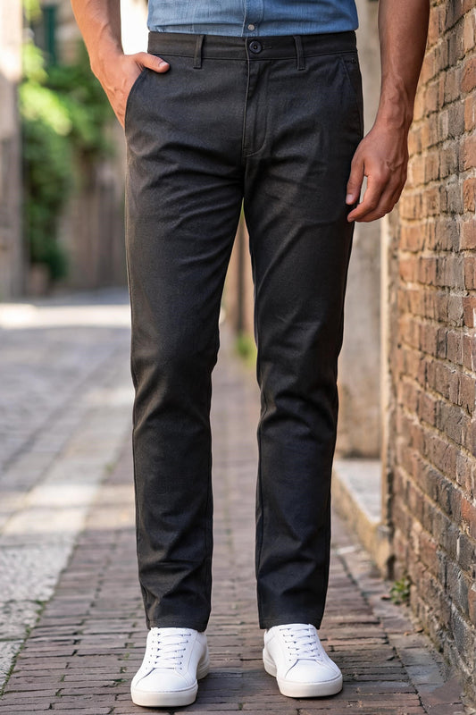 Men Slim Fit Black Textured Structure - Premium Cotton Trousers