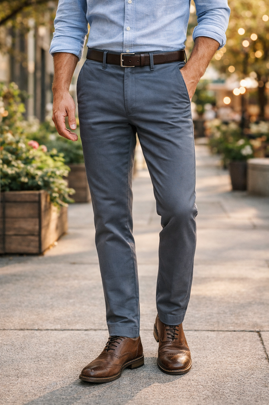 Men Dark Grey Satin-Finish Structure - Slim Fit Cotton Trousers