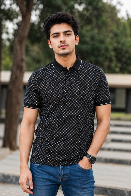 Men Black Geometric Print Polo T-Shirt