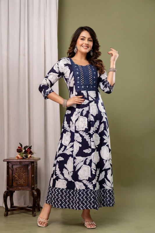 Women Navy Blue & White Printed Kurti with Embroidered Yoke