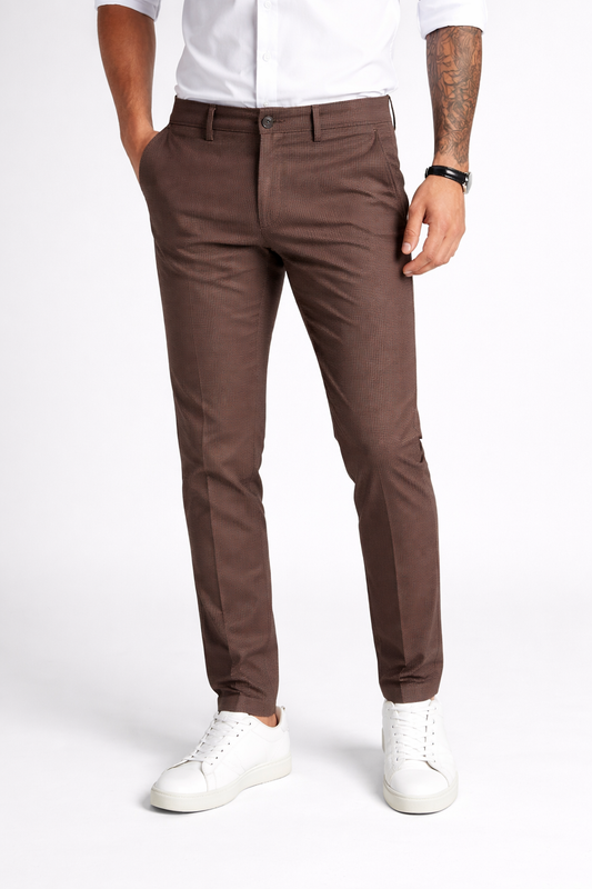 Men Brown Narrow Fit Structured Pants-TEM