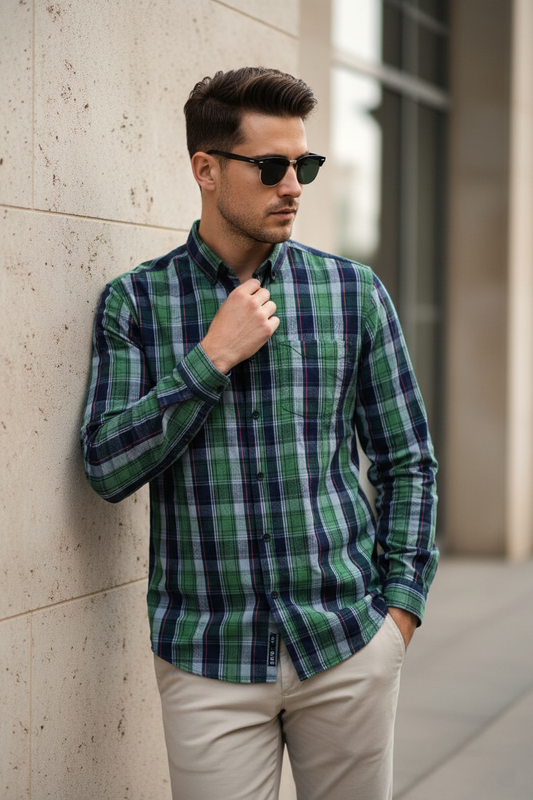 Men Premium Cotton Checkered Shirt | Green Soft Casual Styles-241139859