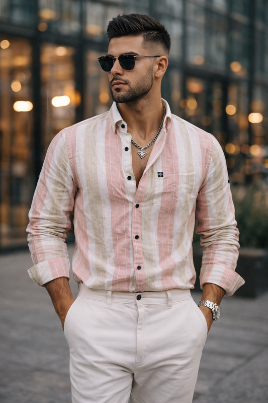 Men Pink Striped Shirt Outfit – Modern Street Style Look 261049715