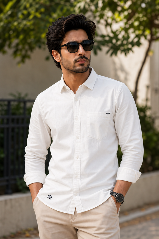 Men White Plain Cotton Shirt – Full Sleeve Single Pocket