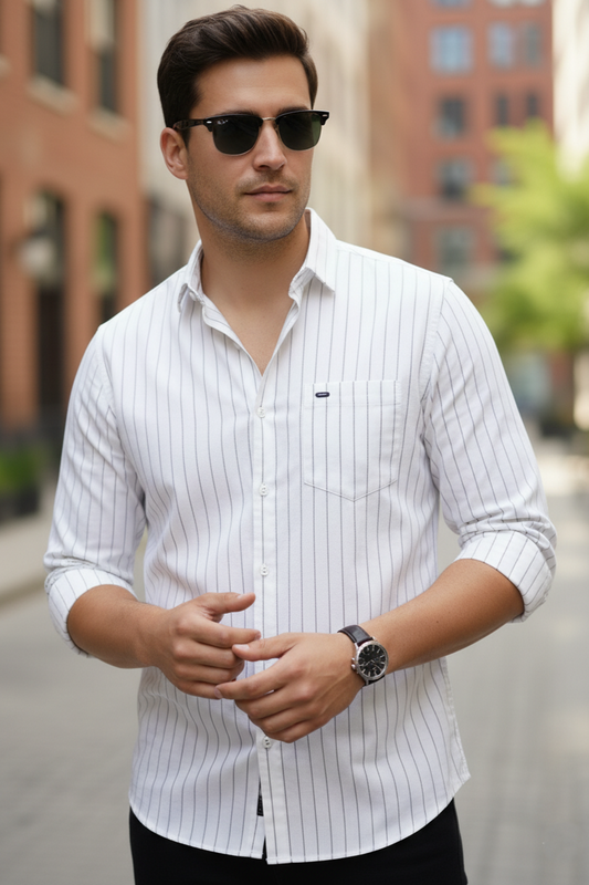 Classic White Striped Long-Sleeve Cotton Shirt for Men 251210002