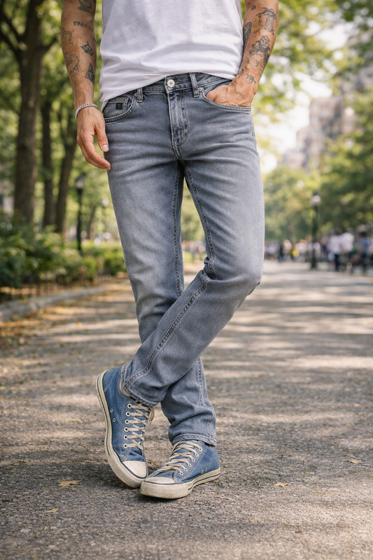 Men Light Grey Colour Narrow Fit Sulphur Wash Jeans - Stretch Denim HEN