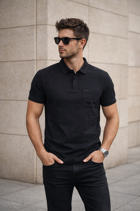 Men Black Cotton Polo T-Shirt with Pocket - Casual Short Sleeve Slim Fit 8622