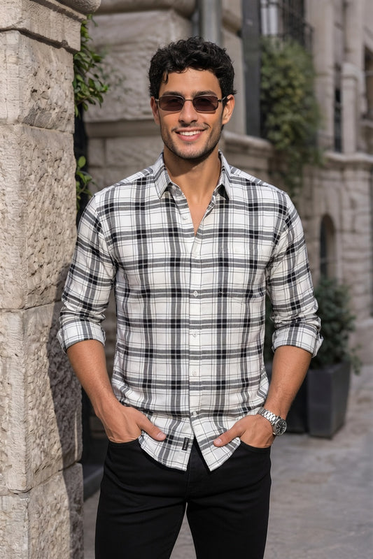 White Checkered Shirt for Men | Classic Plaid Long Sleeve Casual Shirt OXFCH