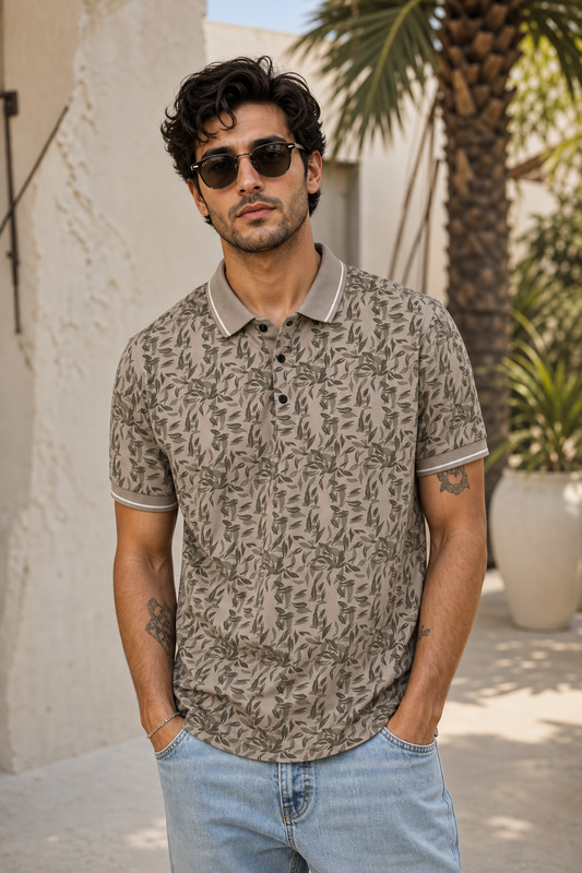 Men Grey Leaf Print Polo T-Shirt