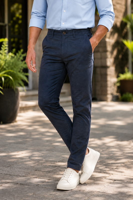 Men Narrow Fit Navy Blue Melange Structure - Textured Cotton Chinos