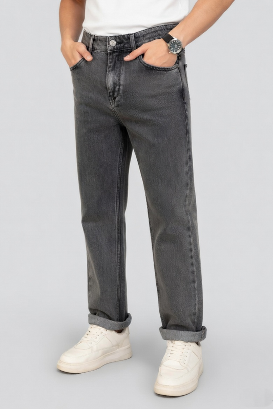 Men Carbon Grey Straight Fit Denim Jeans | Premium Washed Baggy
