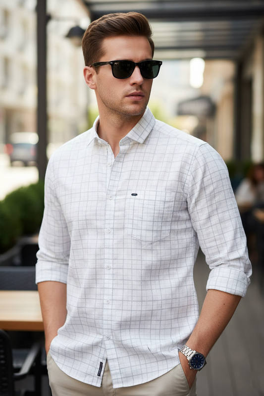 Men White Windowpane Check Slim Fit Shirt 251205865