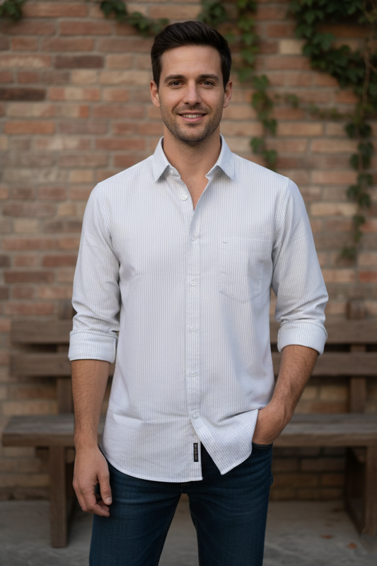 Men Slim Fit Light Grey & White Vertical Striped Long Sleeve Shirt 251167780