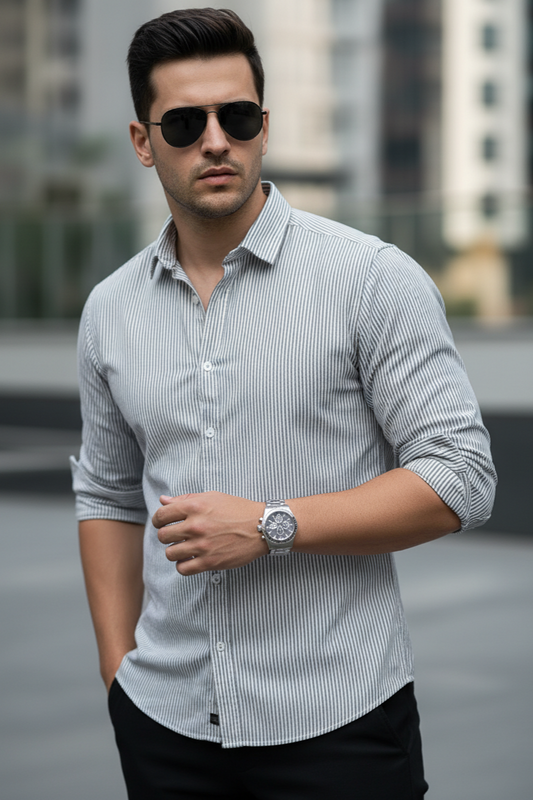 Men Slim Fit Grey & White Vertical Striped Long Sleeve Shirt 251167780