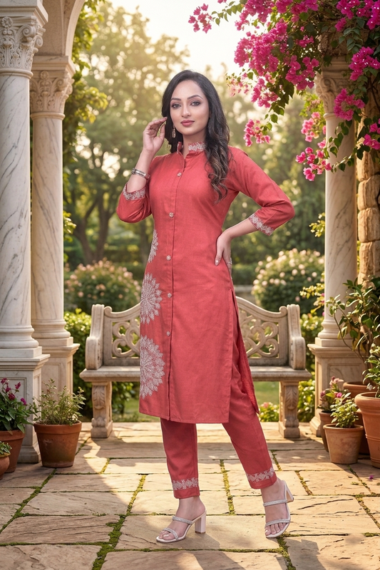 Onion Floral Embroidery Work Cord Set for Women 1057