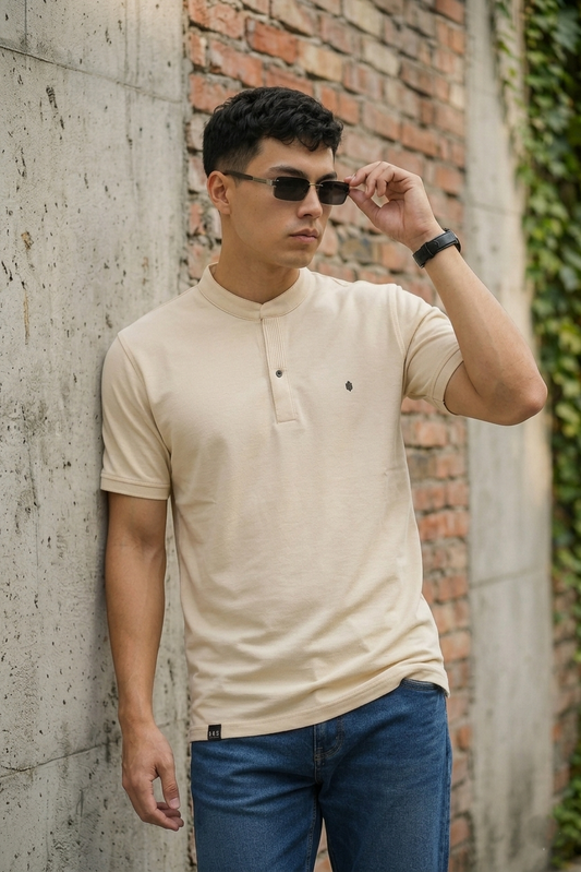 Men Solid Cream Mandarin Collar Polo T-Shirt - Premium Sinker Slim Fit 13058