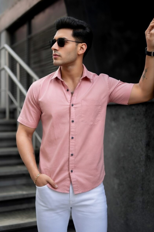 Men Casual Peach Short Sleeve Shirt - Cotton Comfort 261049774