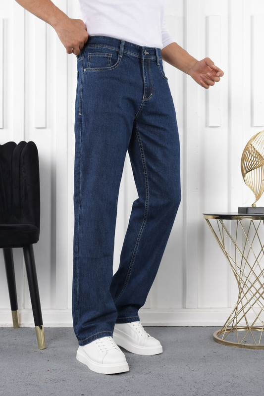 Men Straight Fit Blue Jeans - Classic Mid-Blue Denim Baggy