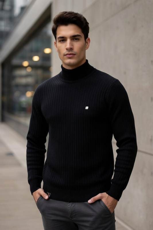 Premium Slim Fit Black Ribbed High Neck Pullover 251205533
