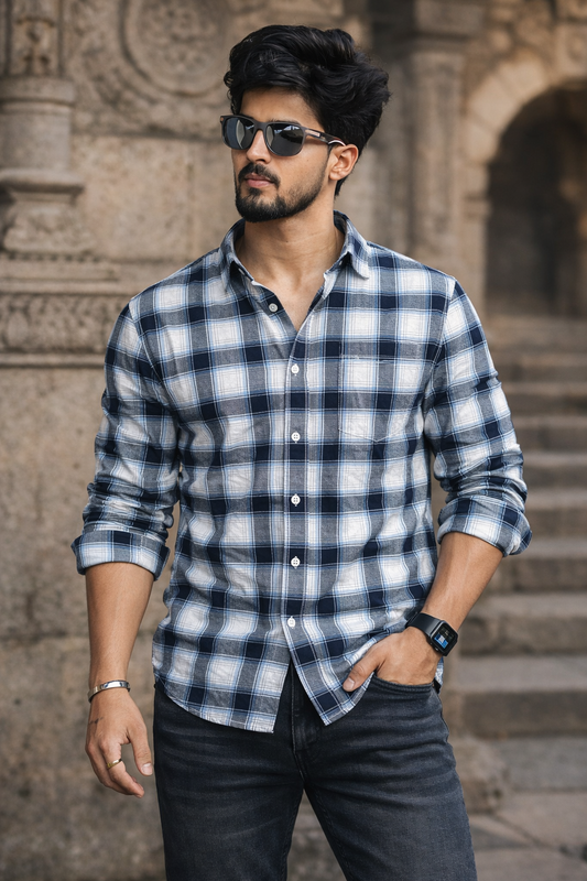 Comfortable Navy Blue & White Check Shirt for Men – Everyday wear OXFCH