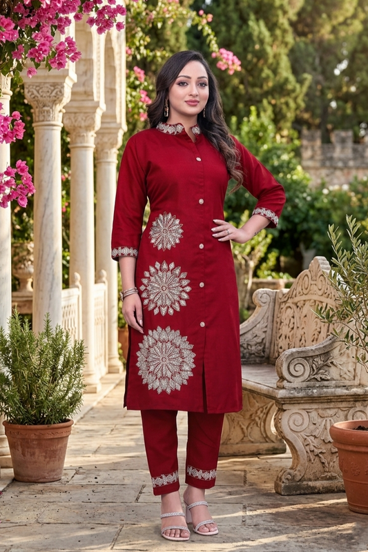 Maroon Floral Embroidery Work Cord Set for Women 1057
