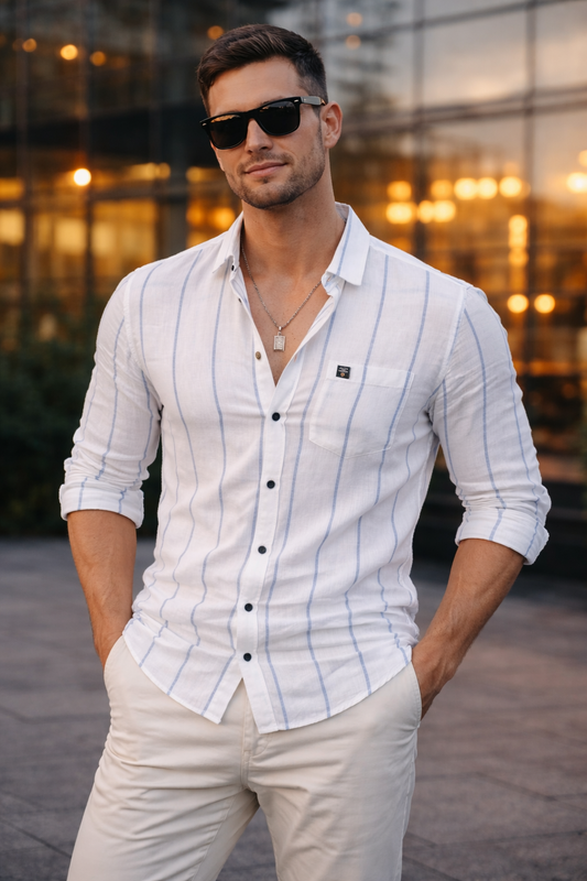Men Blue Striped Shirt Outfit – Modern Street Style Look 261049715