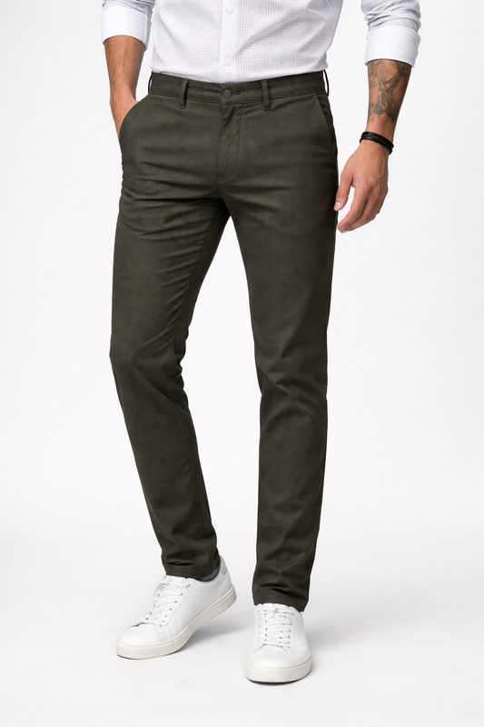 Men Olive Narrow Fit Structured Pants-TEM