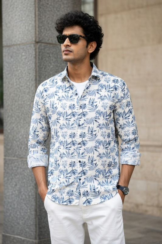 Men Blue Leaf Print Shirt | Long Sleeve Casual Zero
