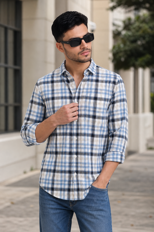 Men Blue Checkered Shirt - Long Sleeve Cotton