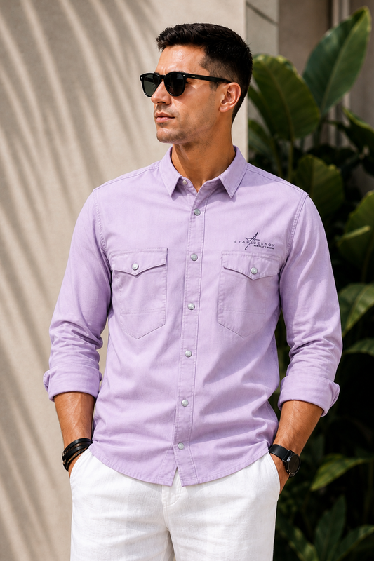 Men Plain Cotton Lavender Full Sleeve Shirt | Casual Button Down Shirt with Pockets