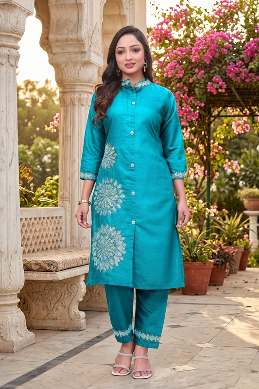 Firozi Floral Embroidery Work Cord Set for Women 1057