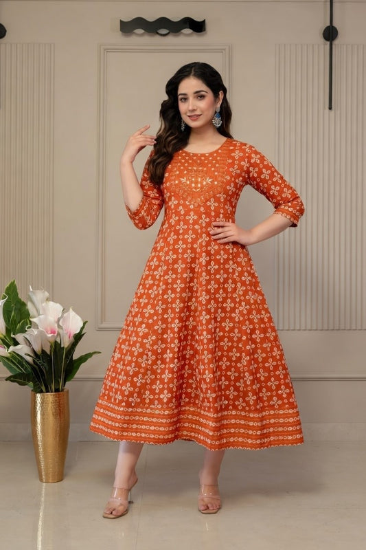 Bright Rust Cotton Rayon Printed Kurti – Comfortable Flared Anarkali Dress for College Office & Daily Wear