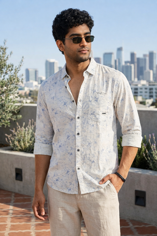 Men Sky Blue Floral Line Art Shirt | Trendy Casual Wear Zero