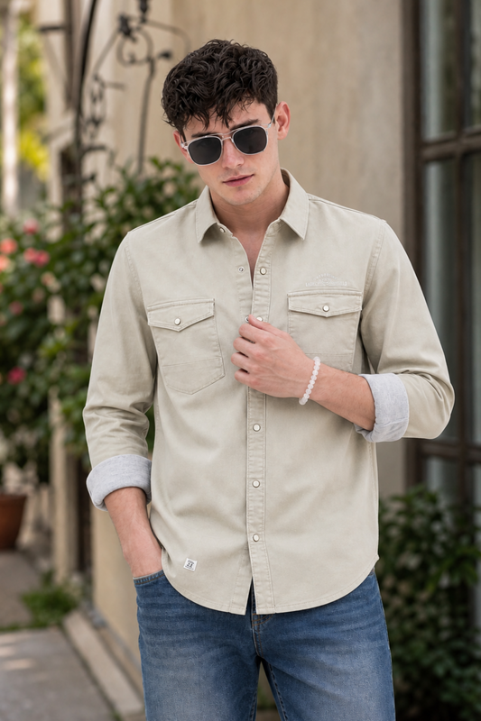 Men Cream Double Pocket Casual Shirt | Snap Button Denim Shirt
