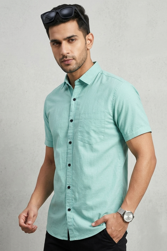 Men Casual Firozi Short Sleeve Shirt - Cotton Comfort 261049774