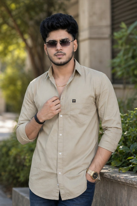 Men Slim Fit Beige Cotton Casual Shirt - Premium Smart-Casual Wear JK