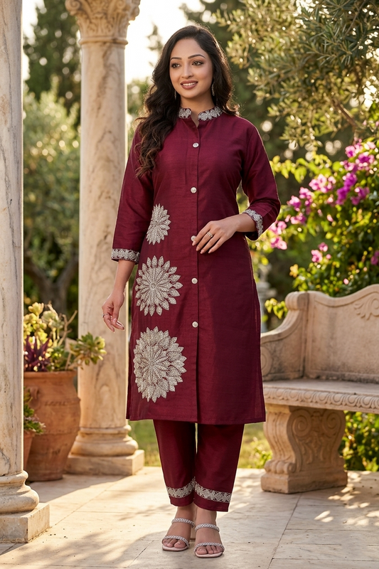 Wine Floral Embroidery Work Cord Set for Women 1057