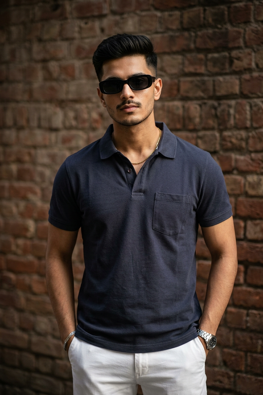 Men Dark Grey Cotton Polo T-Shirt with Pocket - Casual Short Sleeve Slim Fit 8622